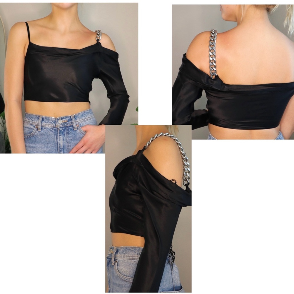 Zara Black satin effect asymmetrical one shoulder chain-link strap crop top XS